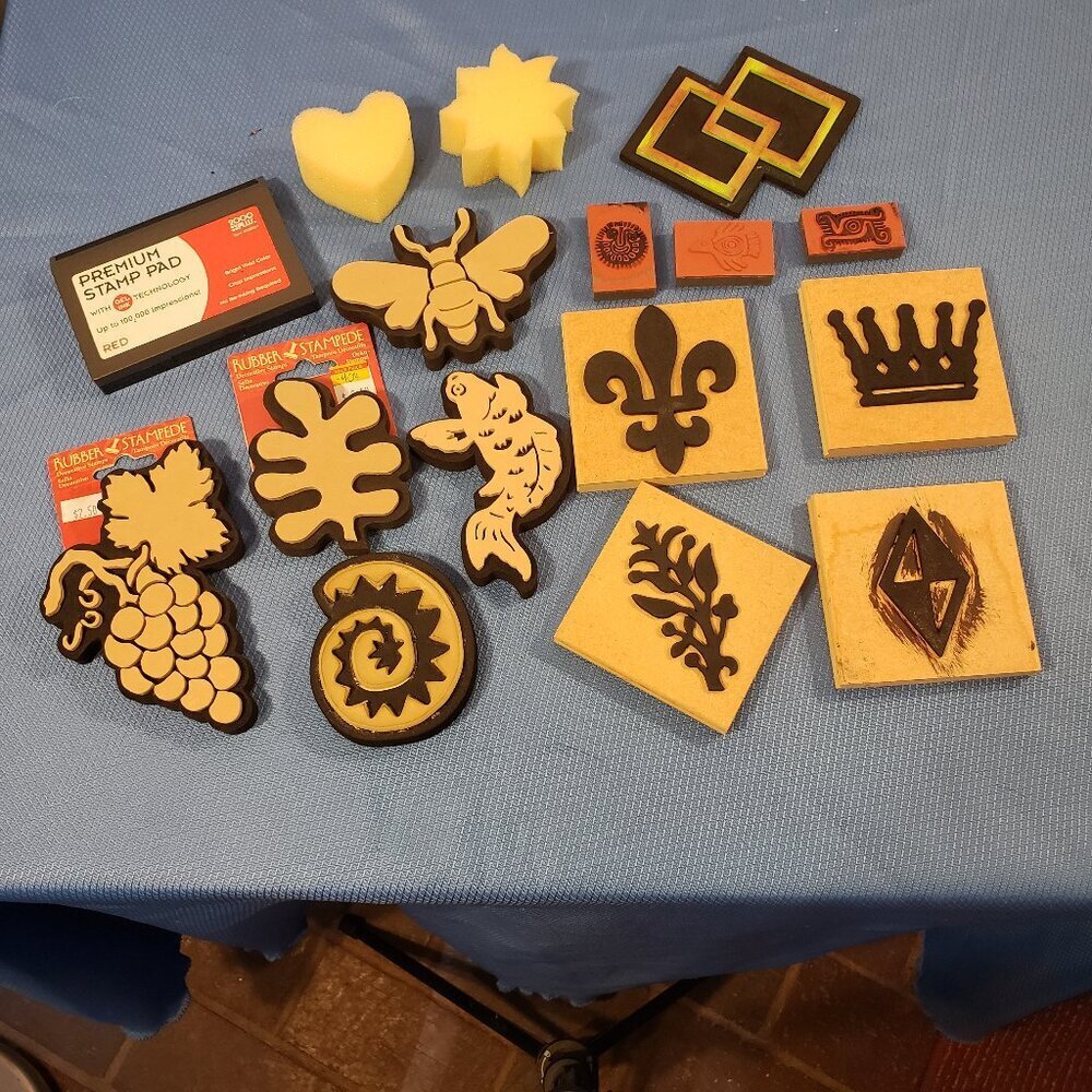 13 Pc. Rubber Stamps, NEW & Used, Mounted, Wood & Foam